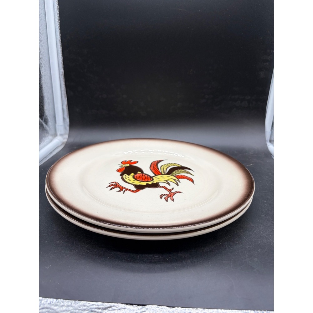 Vintage Metlox Poppytrail Red Rooster Dinner Plates Set of 2 Mid Century Modern